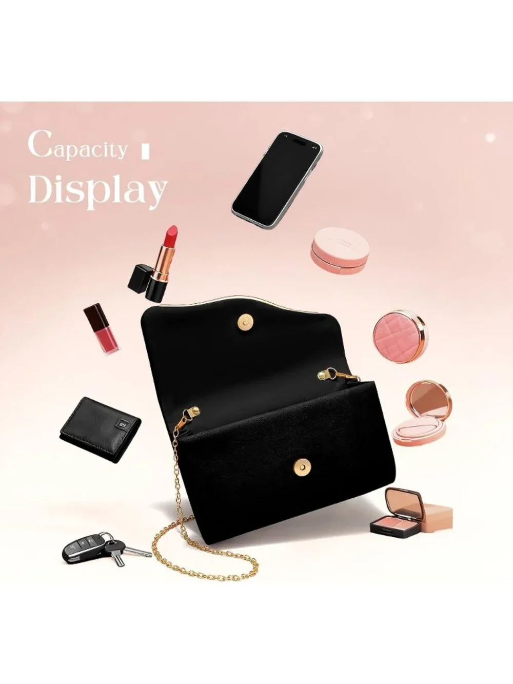 Women's Black Formal Clutch Purse With Detachable Chain Strap Evening Bag